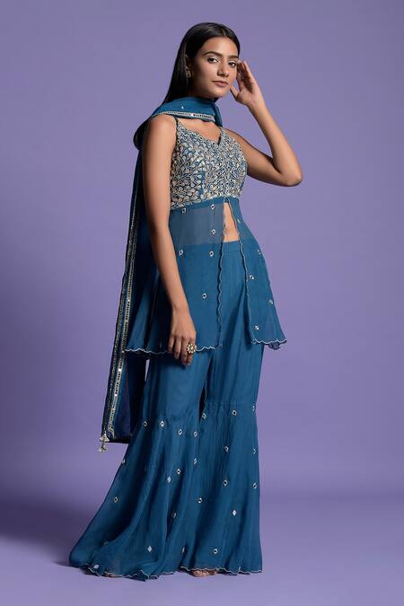Two Sisters By Gyans_Blue Gharara Georgette, Top Organza Gota, Mirror Embroidered Peplum Set _Online_at_Aza_Fashions