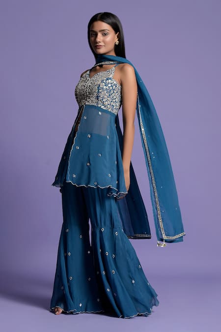 Buy_Two Sisters By Gyans_Blue Gharara Georgette, Top Organza Gota, Mirror Embroidered Peplum Set _Online_at_Aza_Fashions