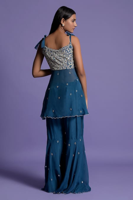 Shop_Two Sisters By Gyans_Blue Gharara Georgette, Top Organza Gota, Mirror Embroidered Peplum Set _Online_at_Aza_Fashions