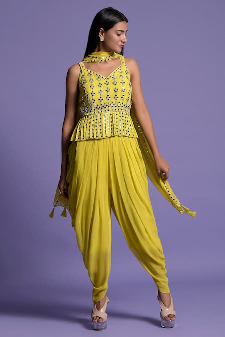 Buy Muted Gold Heavy Satin Top And Blue Mul Cotton Dhoti Pants Set Online   Kalki Fashion