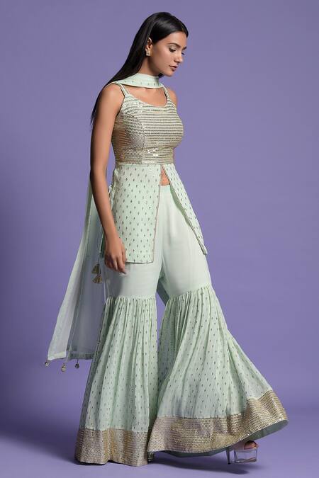 Two Sisters By Gyans_Green Georgette Resham, Sequin Round Embroidered Peplum Gharara Set _Online_at_Aza_Fashions