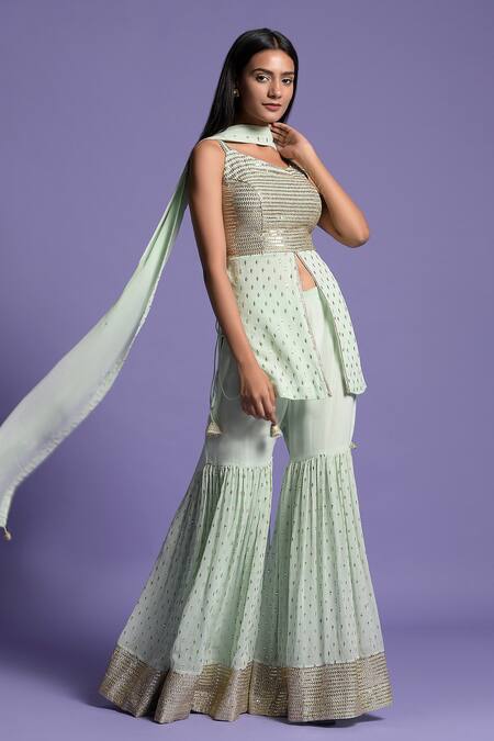 Buy_Two Sisters By Gyans_Green Georgette Resham, Sequin Round Embroidered Peplum Gharara Set _Online_at_Aza_Fashions
