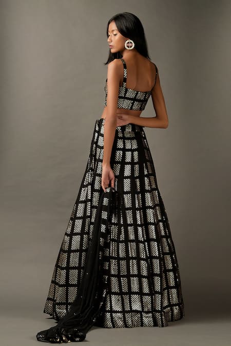 Shop_Two Sisters By Gyans_Black Viscose Block Sequins Sweetheart Neck Embroidered Lehenga Set _at_Aza_Fashions