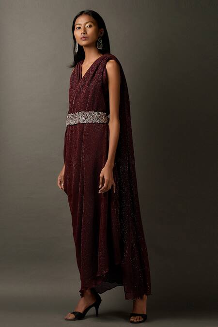 Two Sisters By Gyans_Maroon Viscose Sequins Work V Neck Embellished Draped Gown _Online_at_Aza_Fashions
