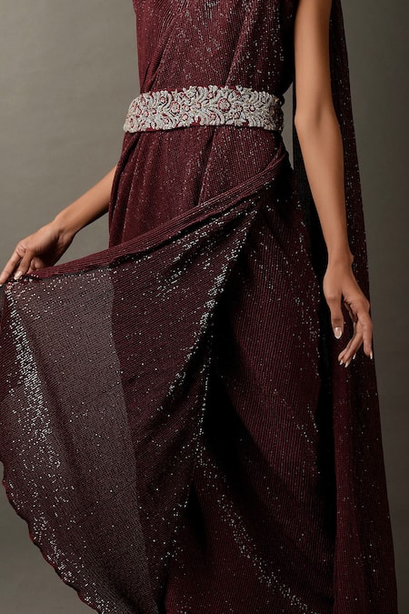 Buy_Two Sisters By Gyans_Maroon Viscose Sequins Work V Neck Embellished Draped Gown _Online_at_Aza_Fashions