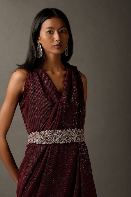 Shop_Two Sisters By Gyans_Maroon Viscose Sequins Work V Neck Embellished Draped Gown _Online_at_Aza_Fashions
