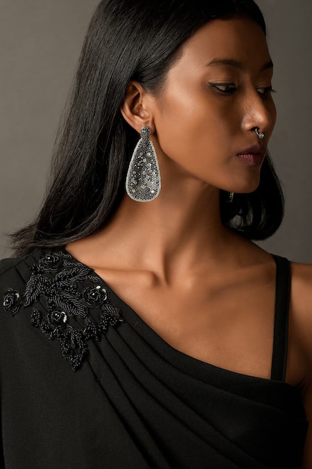 Buy_Two Sisters By Gyans_Black Viscose Floral Motif Asymmetric Neck One Shoulder Gown _Online_at_Aza_Fashions