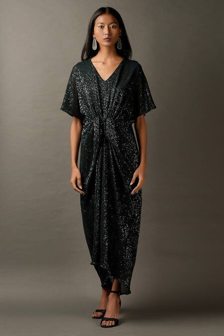 Two Sisters By Gyans_Green Viscose Sequins Work V Neck Embellished Draped Gown_Online_at_Aza_Fashions