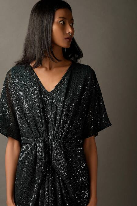 Buy_Two Sisters By Gyans_Green Viscose Sequins Work V Neck Embellished Draped Gown_Online_at_Aza_Fashions