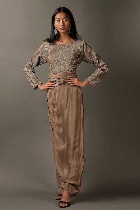 Two Sisters By Gyans Satin Sequin Embellished Gown 