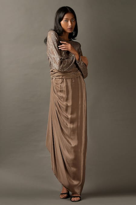 Two Sisters By Gyans_Beige Viscose Sequins Work Round Satin Embellished Gown _Online_at_Aza_Fashions