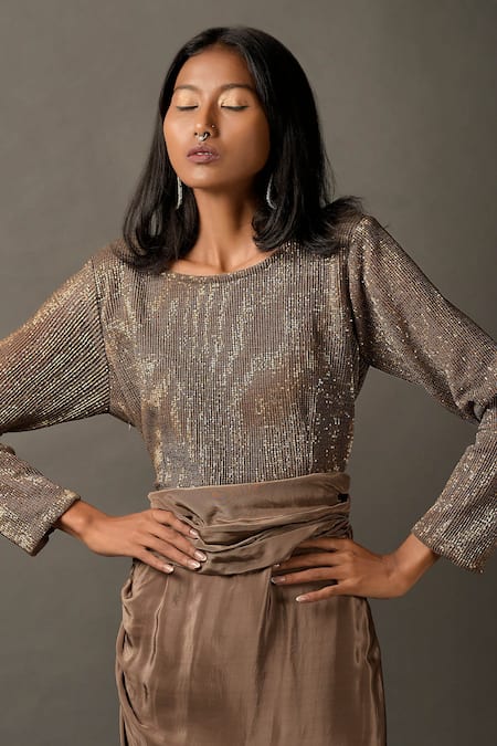 Buy_Two Sisters By Gyans_Beige Viscose Sequins Work Round Satin Embellished Gown _Online_at_Aza_Fashions