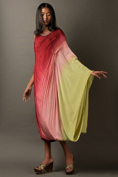 Two Sisters By Gyans_Magenta Crepe Round Ombre One Shoulder Dress _Online_at_Aza_Fashions