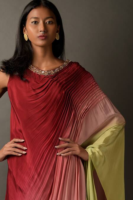 Buy_Two Sisters By Gyans_Magenta Crepe Round Ombre One Shoulder Dress _Online_at_Aza_Fashions