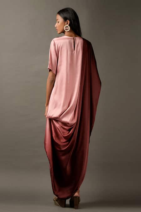 Shop_Two Sisters By Gyans_Maroon Viscose Zardozi Round Ombre Draped Gown _at_Aza_Fashions