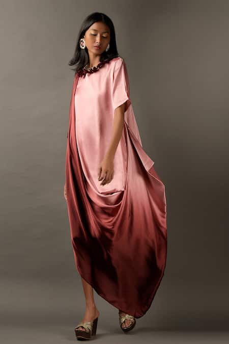 Two Sisters By Gyans_Maroon Viscose Zardozi Round Ombre Draped Gown _Online_at_Aza_Fashions