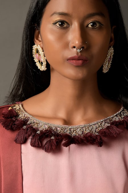 Buy_Two Sisters By Gyans_Maroon Viscose Zardozi Round Ombre Draped Gown _Online_at_Aza_Fashions