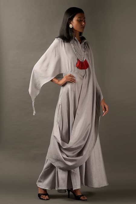 Two Sisters By Gyans Grey Viscose Satin Collared Neck Draped Jumpsuit Online at Aza Fashions Two Sisters By Gyans_Grey Viscose Satin Collared Neck Draped Jumpsuit _Online_at_Aza_Fashions
