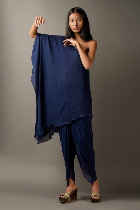 Two Sisters By Gyans_Blue Viscose One Shoulder Handkerchief Hem Dress With Pant _Online_at_Aza_Fashions
