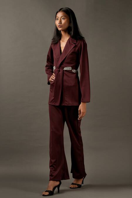 Two Sisters By Gyans_Maroon Viscose Rhinestones Lapel Collar Embellished Jacket And Pant Set _Online_at_Aza_Fashions