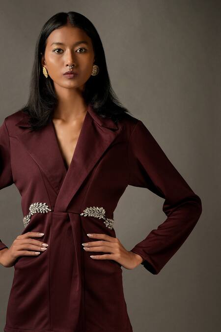 Buy_Two Sisters By Gyans_Maroon Viscose Rhinestones Lapel Collar Embellished Jacket And Pant Set _Online_at_Aza_Fashions