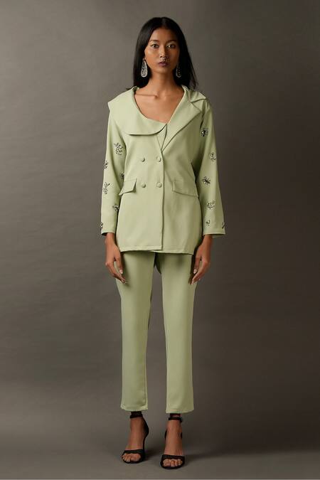 Two Sisters By Gyans_Green Viscose Rhinestones Lapel Collar Embellished Jacket And Pant Set _Online_at_Aza_Fashions