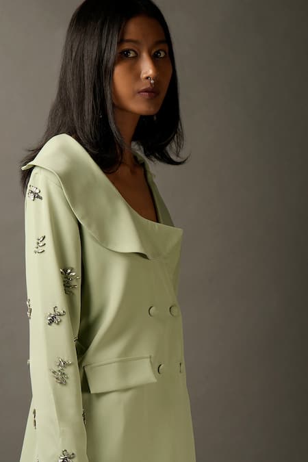 Buy_Two Sisters By Gyans_Green Viscose Rhinestones Lapel Collar Embellished Jacket And Pant Set _Online_at_Aza_Fashions