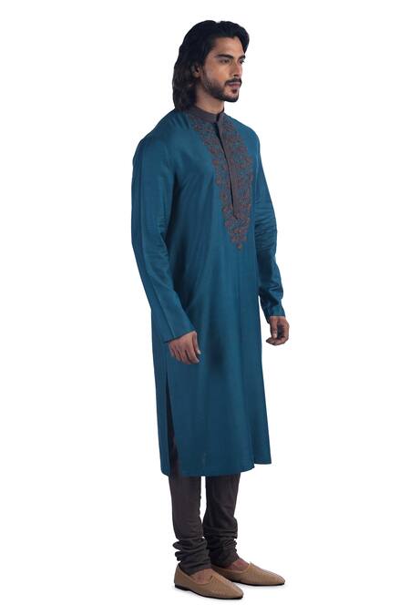 Poonam Kasera_Blue 50% Silk, 50% Viscose Floral Embroidered Kurta Set_Online_at_Aza_Fashions