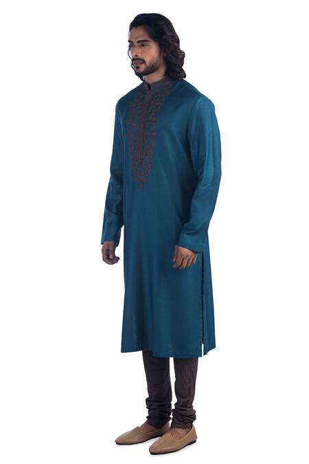 Buy_Poonam Kasera_Blue 50% Silk, 50% Viscose Floral Embroidered Kurta Set_Online_at_Aza_Fashions