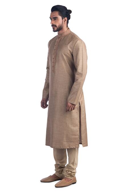 Buy_Poonam Kasera_Beige 50% Silk Plain Kashmiri Embroidered Kurta Set_Online_at_Aza_Fashions