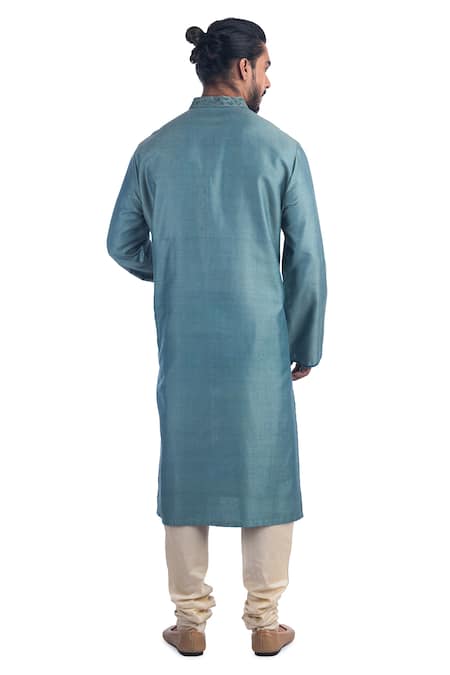 Shop Poonam Kasera Blue 50% Silk Plain Embroidered Kurta Set at Aza Fashions Shop_Poonam Kasera_Blue 50% Silk Plain Embroidered Kurta Set_at_Aza_Fashions