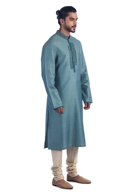 Poonam Kasera Blue 50% Silk Plain Embroidered Kurta Set Online at Aza Fashions Poonam Kasera_Blue 50% Silk Plain Embroidered Kurta Set_Online_at_Aza_Fashions