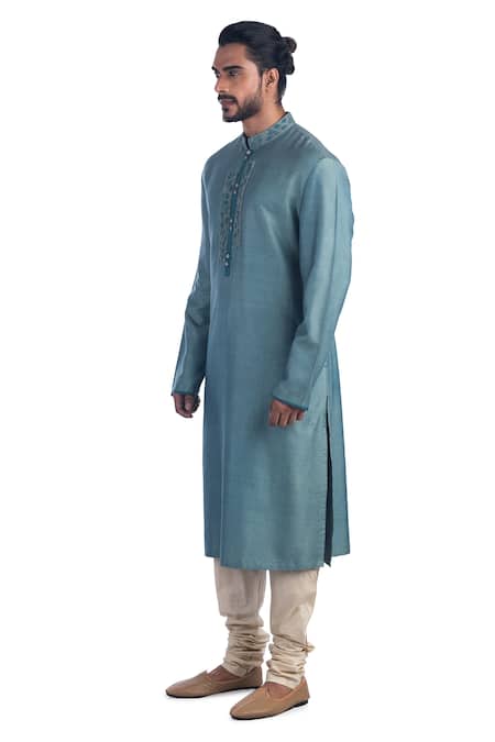 Buy Poonam Kasera Blue 50% Silk Plain Embroidered Kurta Set Online at Aza Fashions Buy_Poonam Kasera_Blue 50% Silk Plain Embroidered Kurta Set_Online_at_Aza_Fashions