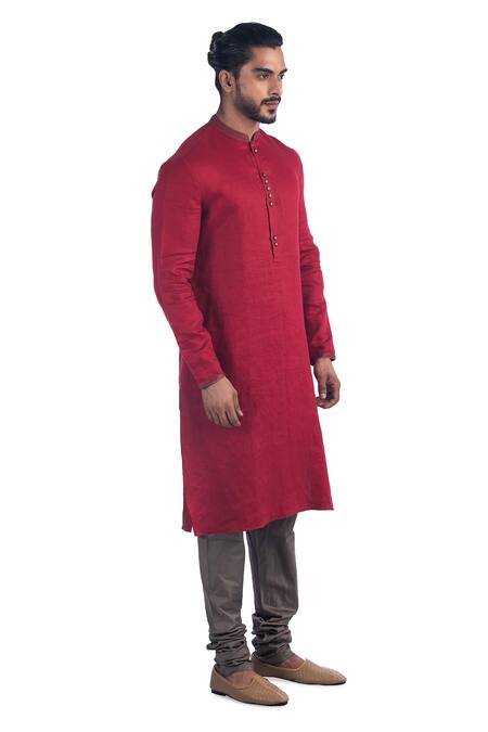 Poonam Kasera_Red 100% Linen Plain Kurta Set_Online_at_Aza_Fashions