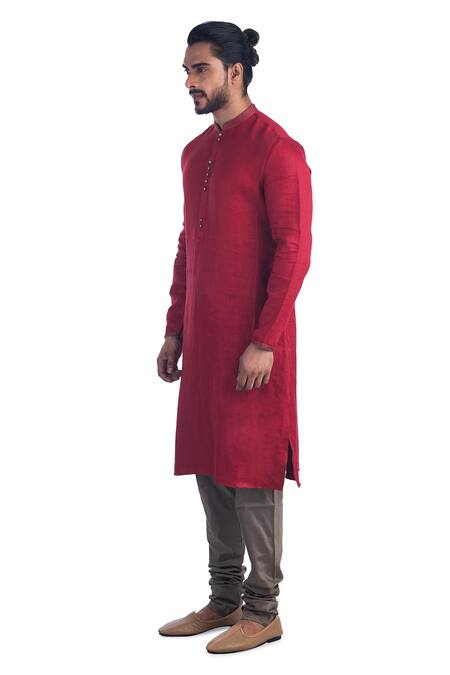 Buy_Poonam Kasera_Red 100% Linen Plain Kurta Set_Online_at_Aza_Fashions