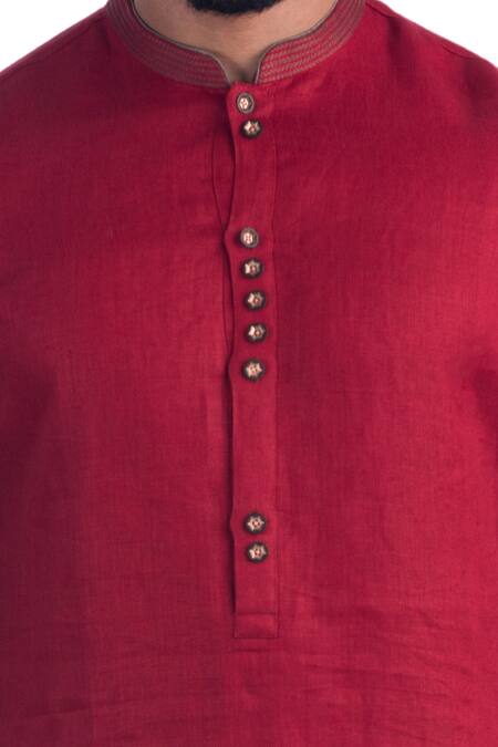 Shop_Poonam Kasera_Red 100% Linen Plain Kurta Set_Online_at_Aza_Fashions