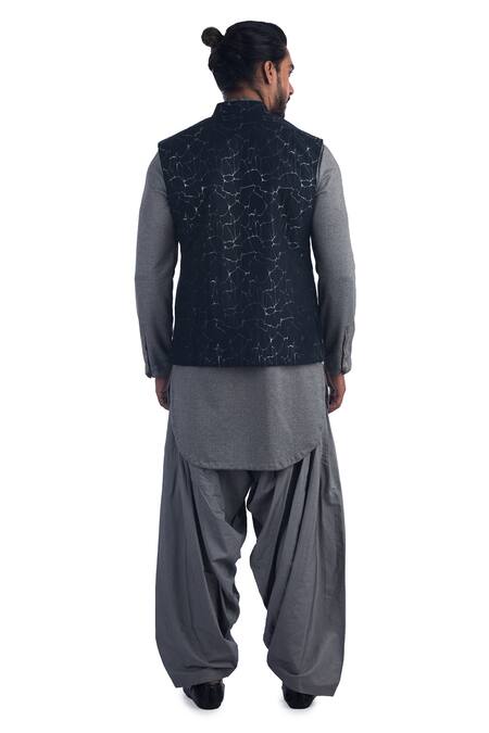 Shop Poonam Kasera Blue Cotton Silk, 50% Silk, 50% Viscose Abstract Woven Bundi And Kurta Set at Aza Fashions Shop_Poonam Kasera_Blue Cotton Silk, 50% Silk, 50% Viscose Abstract Woven Bundi And Kurta Set_at_Aza_Fashions