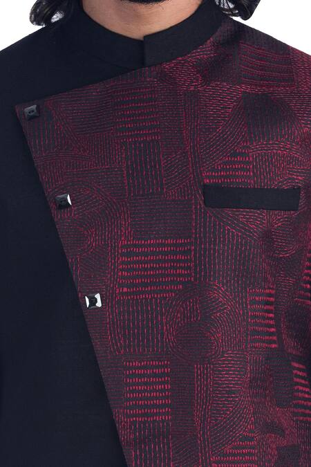 Poonam Kasera_Black Cotton , 100% Matka Embroidered Bundi And Kurta Set_at_Aza_Fashions