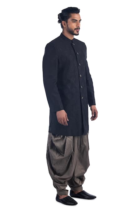 Poonam Kasera_Black 100% Silk Embroidery Floral Bandhgala Set_Online_at_Aza_Fashions