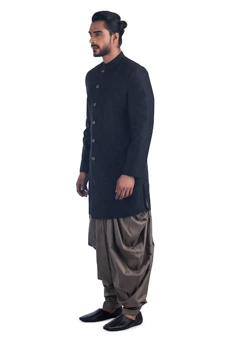 Buy_Poonam Kasera_Black 100% Silk Embroidery Floral Bandhgala Set_Online_at_Aza_Fashions