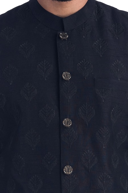 Shop_Poonam Kasera_Black 100% Silk Embroidery Floral Bandhgala Set_Online_at_Aza_Fashions