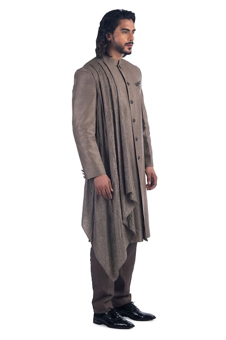 Poonam Kasera_Grey 100% Silk Plain Bandhgala Set_Online_at_Aza_Fashions