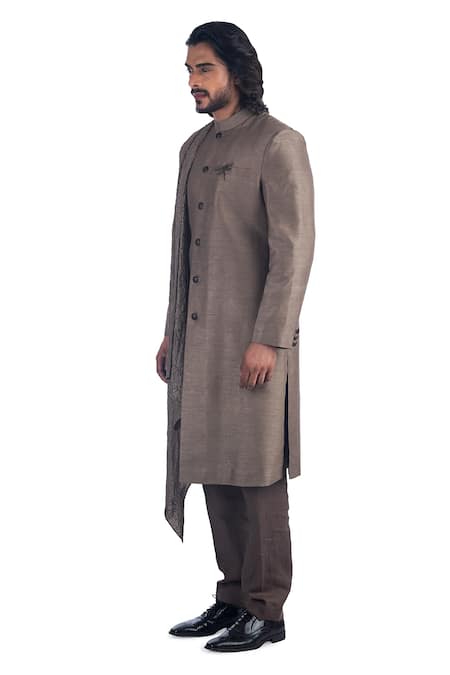 Buy_Poonam Kasera_Grey 100% Silk Plain Bandhgala Set_Online_at_Aza_Fashions