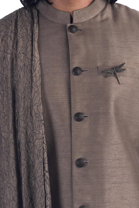 Shop_Poonam Kasera_Grey 100% Silk Plain Bandhgala Set_Online_at_Aza_Fashions