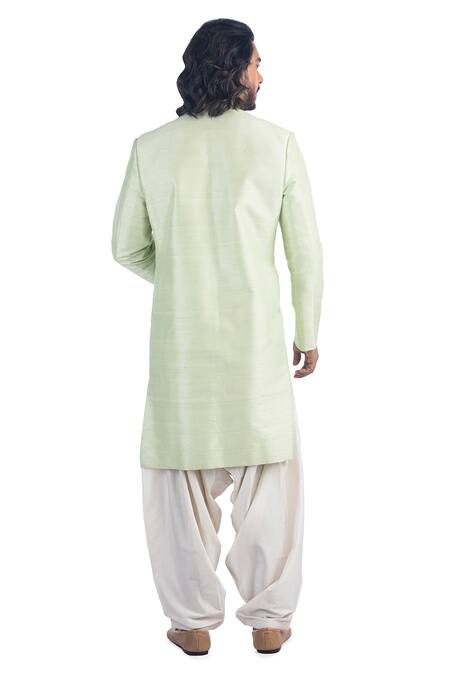 Shop Poonam Kasera Green Cotton , 100% Plain Bandhgala Set at Aza Fashions Shop_Poonam Kasera_Green Cotton , 100% Plain Bandhgala Set_at_Aza_Fashions