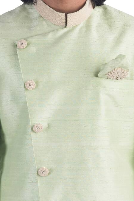 Shop Poonam Kasera Green Cotton , 100% Plain Bandhgala Set Online at Aza Fashions Shop_Poonam Kasera_Green Cotton , 100% Plain Bandhgala Set_Online_at_Aza_Fashions