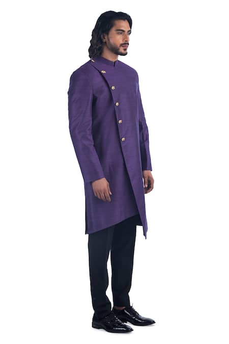 Poonam Kasera_Purple Cotton Silk, 50% Silk, 50% Viscose Plain Asymmetric Bandhgala Set_Online_at_Aza_Fashions