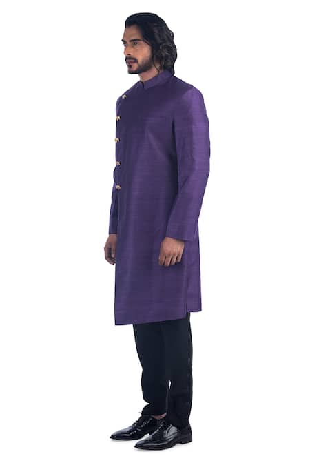 Buy_Poonam Kasera_Purple Cotton Silk, 50% Silk, 50% Viscose Plain Asymmetric Bandhgala Set_Online_at_Aza_Fashions