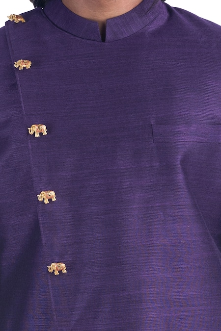 Shop_Poonam Kasera_Purple Cotton Silk, 50% Silk, 50% Viscose Plain Asymmetric Bandhgala Set_Online_at_Aza_Fashions