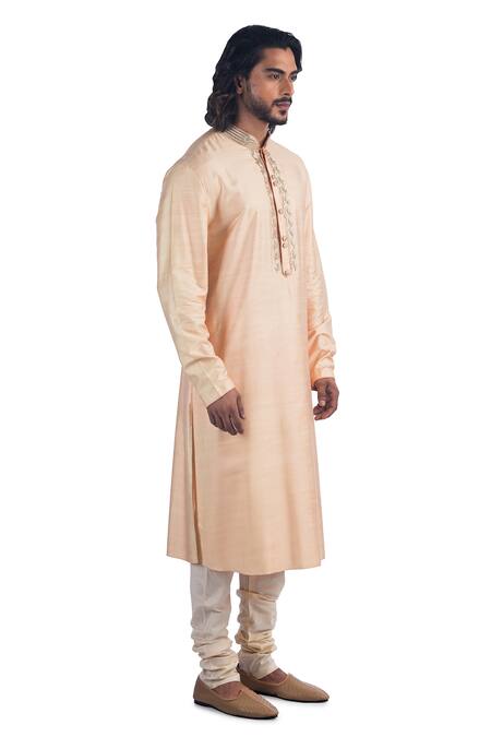 Poonam Kasera_Peach 50% Silk Plain Mandarin Collar Kurta Set_Online_at_Aza_Fashions